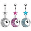 Belly ring with dangling round crescent moon and stars