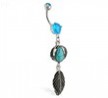 Belly ring with dangling turquoise stone and feather