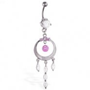 Belly ring with large dangling circle and jeweled dangles
