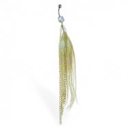 Belly ring with large dangling golden feather with golden chains