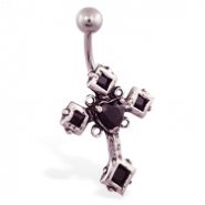Big jeweled black gothic cross belly ring