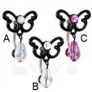 Black butterfly reversed belly ring with dangling stone