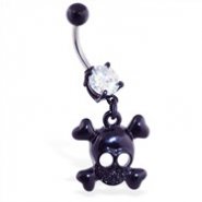 Black coated belly ring with dangling skull