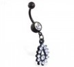 Black coated belly ring with jeweled teardrop dangle