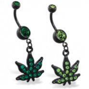 Black coated navel ring with dangling jeweled green pot leaf