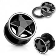Black CZ Star Inside Of Black Screw Fit Tunnels with White Rim