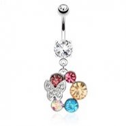 Butterfly with Paved Gems On Multi Colored Gems Surgical Steel Dangle Navel Ring