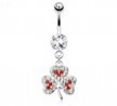 Clover Leaf with Red And Clear Paved Gems Dangle Surgical Steel Navel Ring
