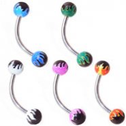 Curved barbell with colored flame balls, 16 ga