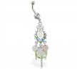 Dangling chandelier belly ring with green stones and chains