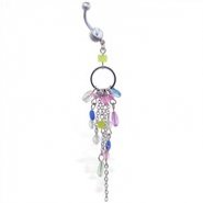 Dangling circle jeweled belly ring with chains and stones