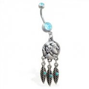 Double jeweled aqua belly ring with dangling indian face coin and feathers