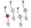 Double jeweled belly ring with small dangling leaf