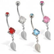 Double jeweled belly ring with small dangling leaf
