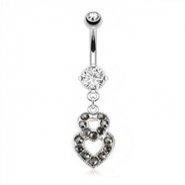 Double Jeweled Black Coated Heart Belly Ring, 14Ga