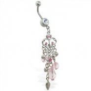 Flower chandelier dangling jeweled belly ring with pink stones