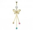 Gemmed Butterfly with Protruding Colored Gems Dangle Gold Tone Navel Ring