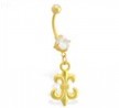Gold Tone belly button ring with dangling fleur-de-lis