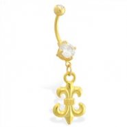 Gold Tone belly button ring with dangling fleur-de-lis