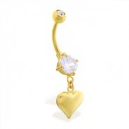 Gold Tone belly button ring with dangling heart
