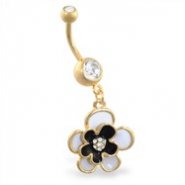 Gold Tone belly ring with dangling black flower