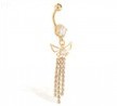 Gold Tone belly ring with dangling butterfly and jeweled chains
