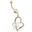 Gold Tone belly ring with dangling heart with jeweled butterfly and engraved "Love"