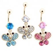 Gold Tone Belly Ring with Dangling Paved Gem Butterfly