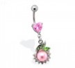 Heart gem navel ring with jeweled dangle and large PINK pearl