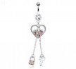 Heart with Multi Color Paved Gems And Chain Lock And Key Dangle Surgical Steel Navel Ring