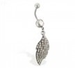 Hematite plated jeweled belly ring with dangling jeweled leaf