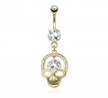 Hollowed Skull with Gem Paved Cranium Edge And Hanging Large CZ Dangle Gold Tone Navel Ring