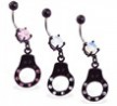 Jeweled belly button ring with dangling black coated jeweled handcuff