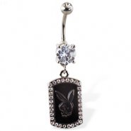 Jeweled belly button ring with dangling jeweled dog tag with Playboy bunny head
