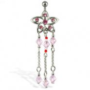 Jeweled belly button ring with flower and three dangles