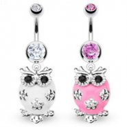 Jeweled belly ring dangling white owl