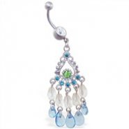 Jeweled belly ring with aquamarine chandelier dangle