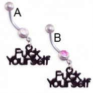 Jeweled belly ring with dangling black "F*CK YOURSELF"