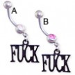 Jeweled belly ring with dangling black "F*CK"