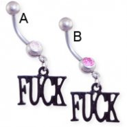 Jeweled belly ring with dangling black "F*CK"