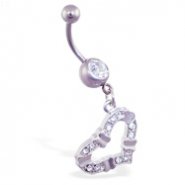 Jeweled belly ring with dangling jeweled fancy heart