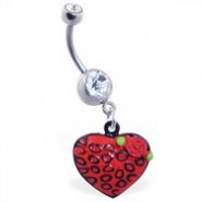 Jeweled belly ring with dangling leopard print heart with rose