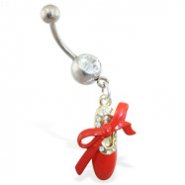 Jeweled belly ring with dangling red slipper and bow