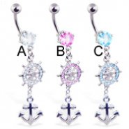 Jeweled belly ring with dangling ship's wheel and anchor