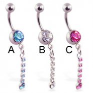 Jeweled belly ring with single jeweled dangle