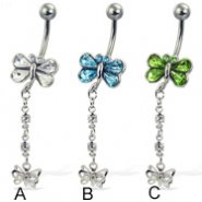Jeweled butterfly belly button ring with dangling butterfly