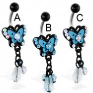 Jeweled butterfly belly ring with dangling stones