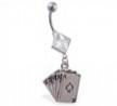 Jeweled diamond shaped belly ring with dangling poker cards