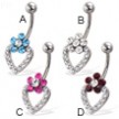 Jeweled flower and heart belly button ring