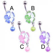 Jeweled flower belly ring with dangling pearl